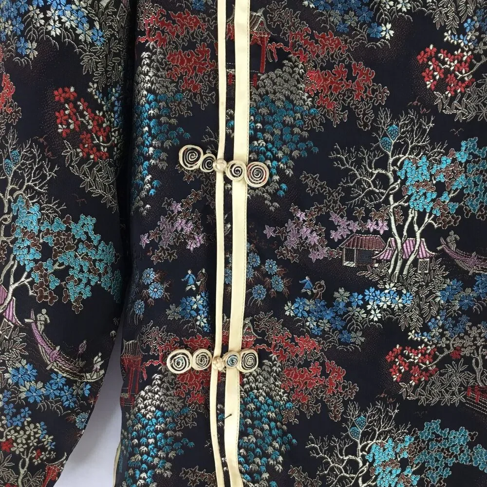 Vintage Solz Squirrel Satin Asian Jacket Womens sz L Black Multi 3/4 Sleeve NEW - Picture 3 of 11